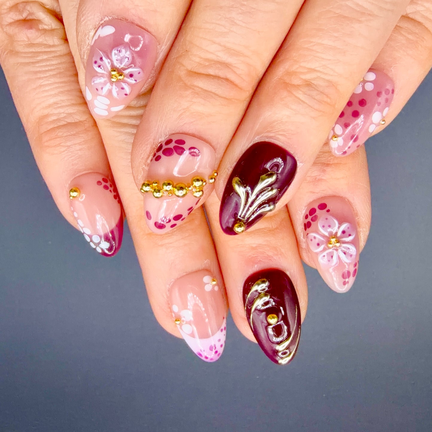 Berry Blossom Burgundy & Pink 3D Floral Press-On Nails