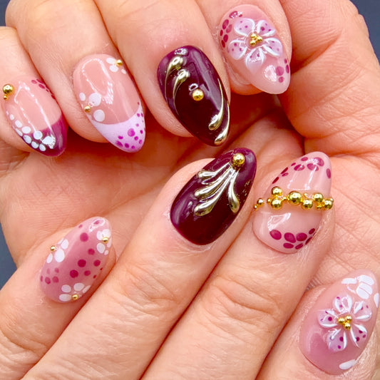 Berry Blossom Burgundy & Pink 3D Floral Press-On Nails