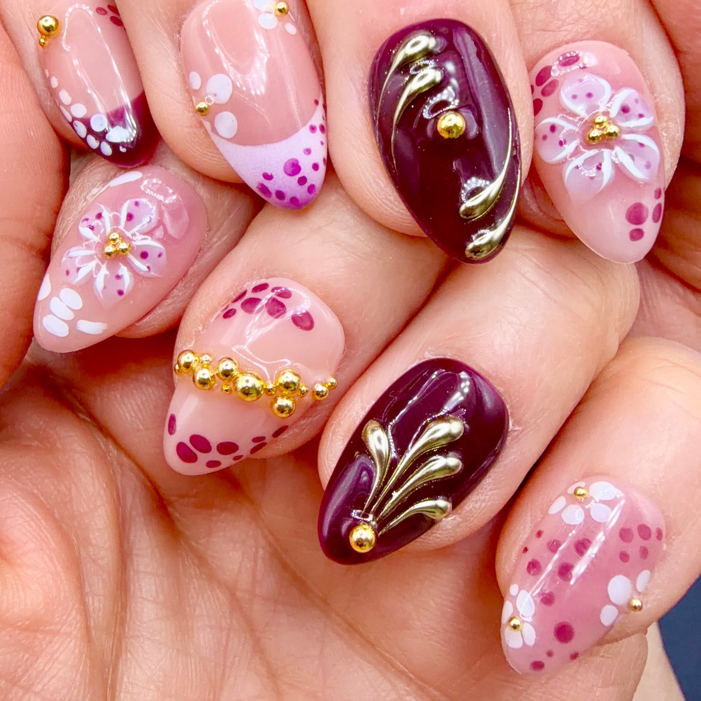Berry Blossom Burgundy & Pink 3D Floral Press-On Nails