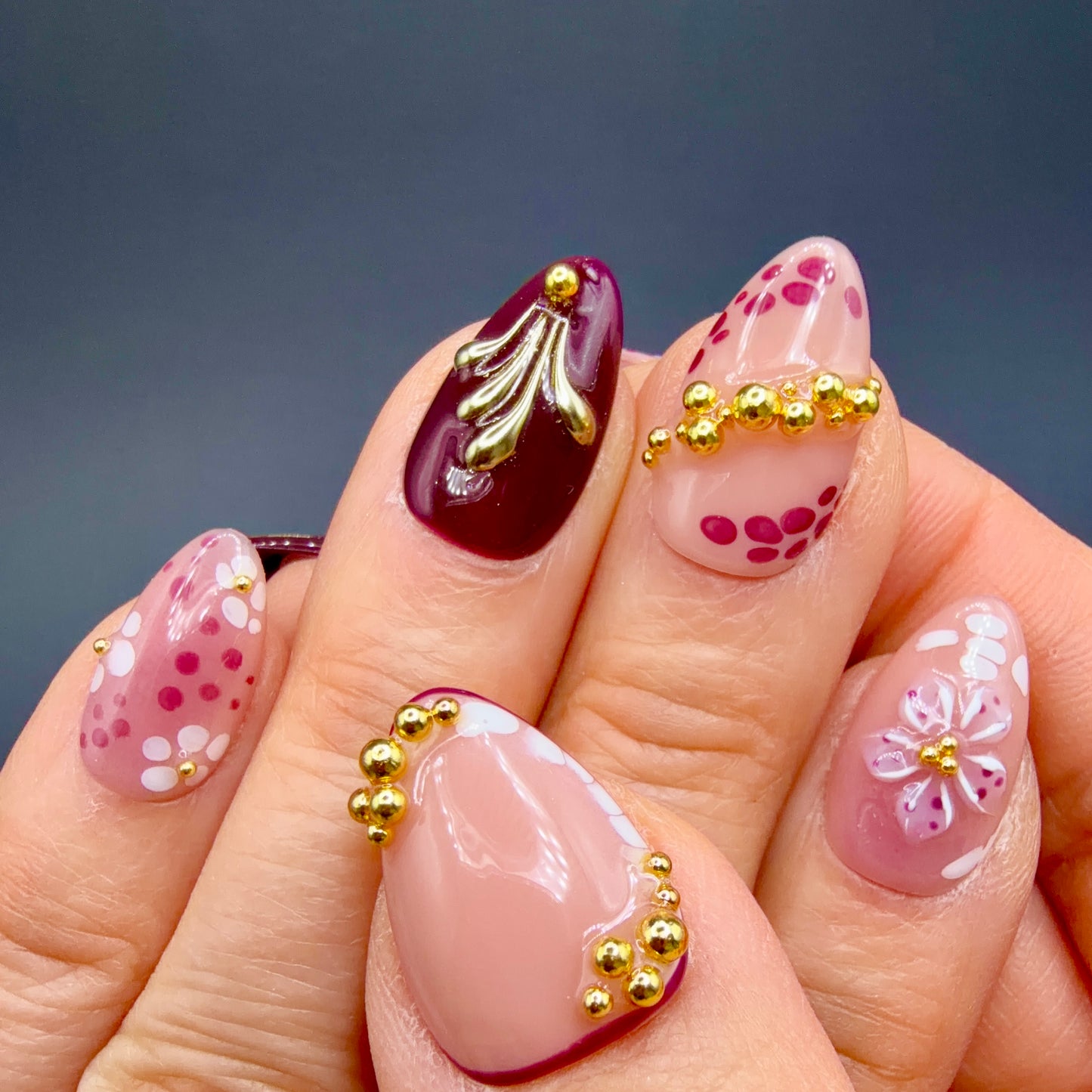 Berry Blossom Burgundy & Pink 3D Floral Press-On Nails
