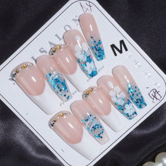 Blue Glitter French Tip Press On Nails | Elegant Nude and Gold Detail Nail Set | Handmade Long Square False Nails