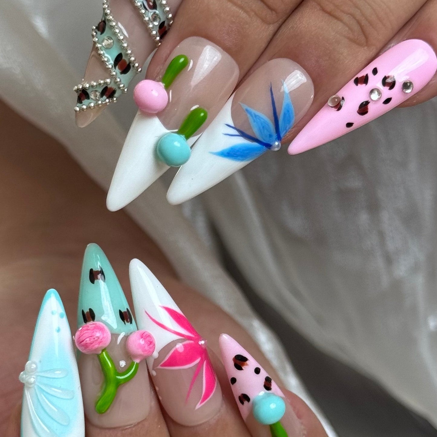 Colorful Mixed Design Press On Nails with 3D Cherries Leopard Print Rhinestones and Floral Art – Long Coffin Shape