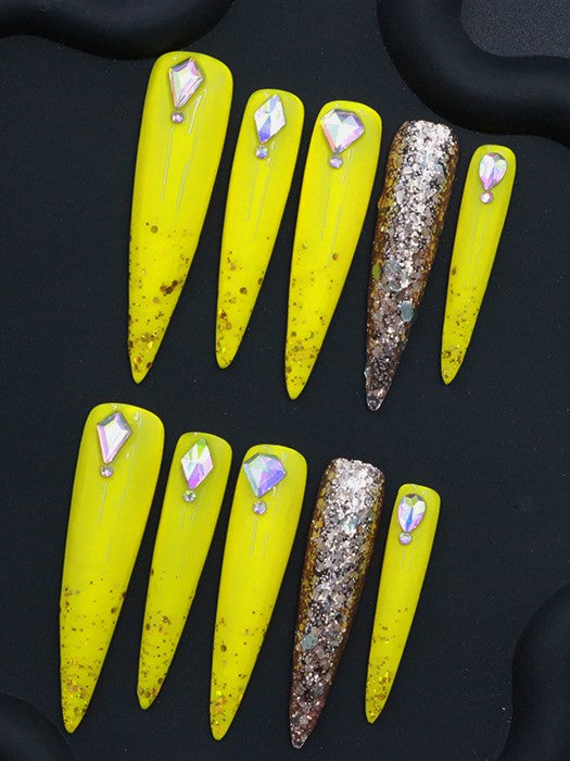 Yellow Glitter Stiletto Press On Nails with Rhinestones Long Gold Sparkle False Nails Handmade Glam Nail Art Summer Party Nail Set