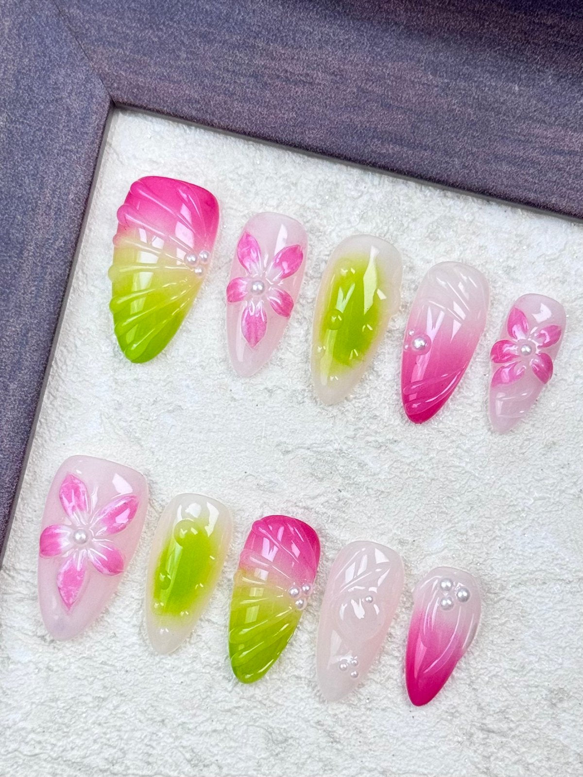 Pink Lime Blossom Press-On Nails | Pink & Green Ombre Almond False Nails | Pearl Floral Spring Manicure