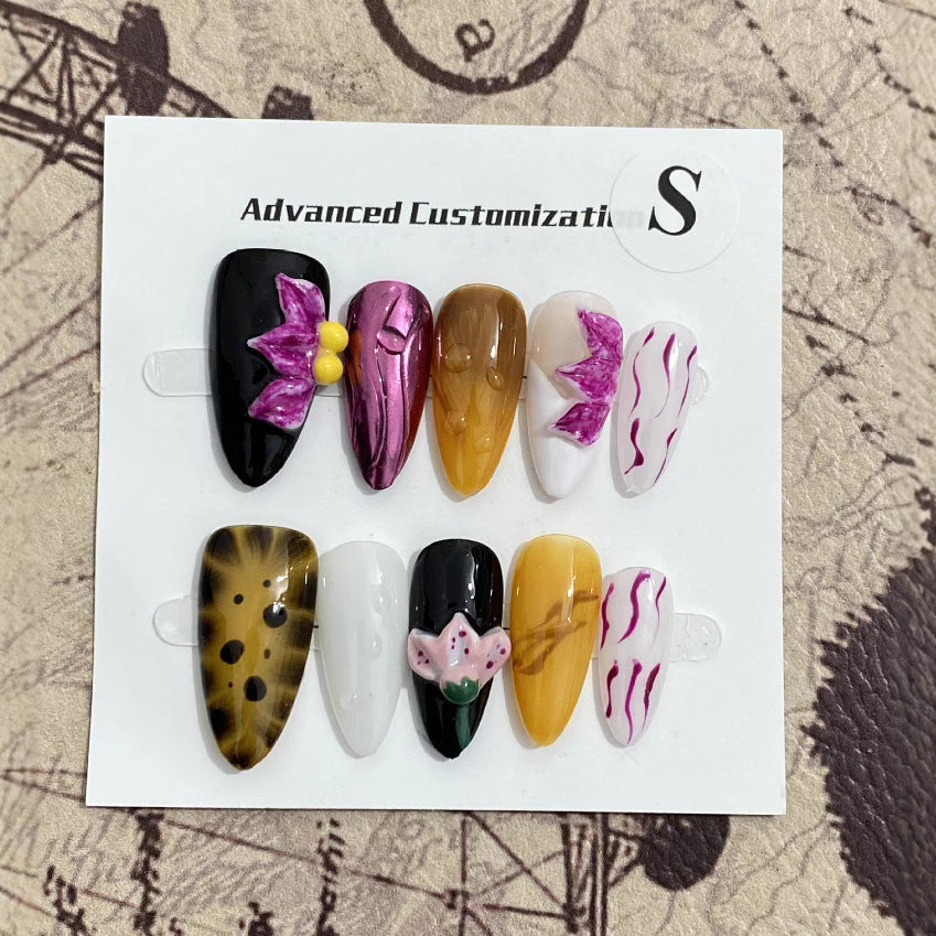 Handmade Mixed Design Press On Nails  3D Floral Art, Abstract Lines & Animal Print Bold Custom Nail Set