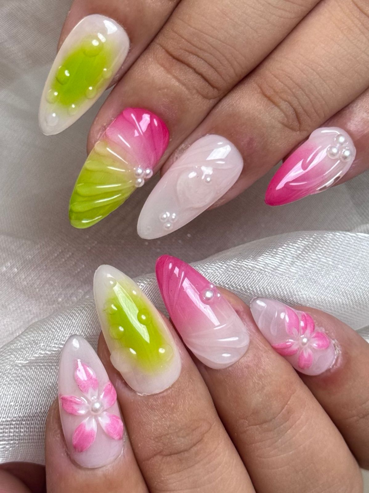 Pink Lime Blossom Press-On Nails | Pink & Green Ombre Almond False Nails | Pearl Floral Spring Manicure