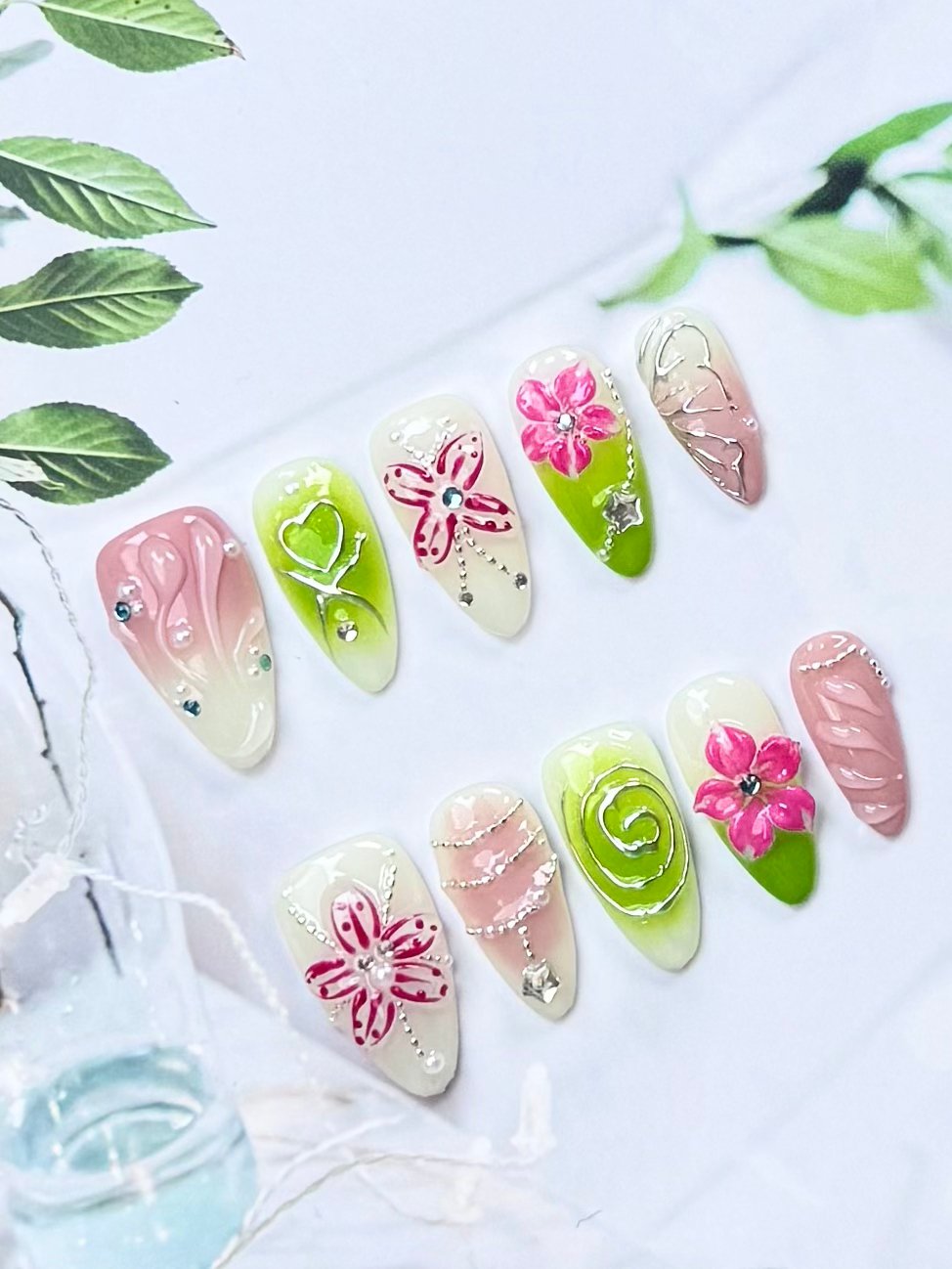 Lime Blossom Butterfly Press-On Nails | Pink Flower Green Ombre Almond False Nails | 3D Spring Garden Manicure