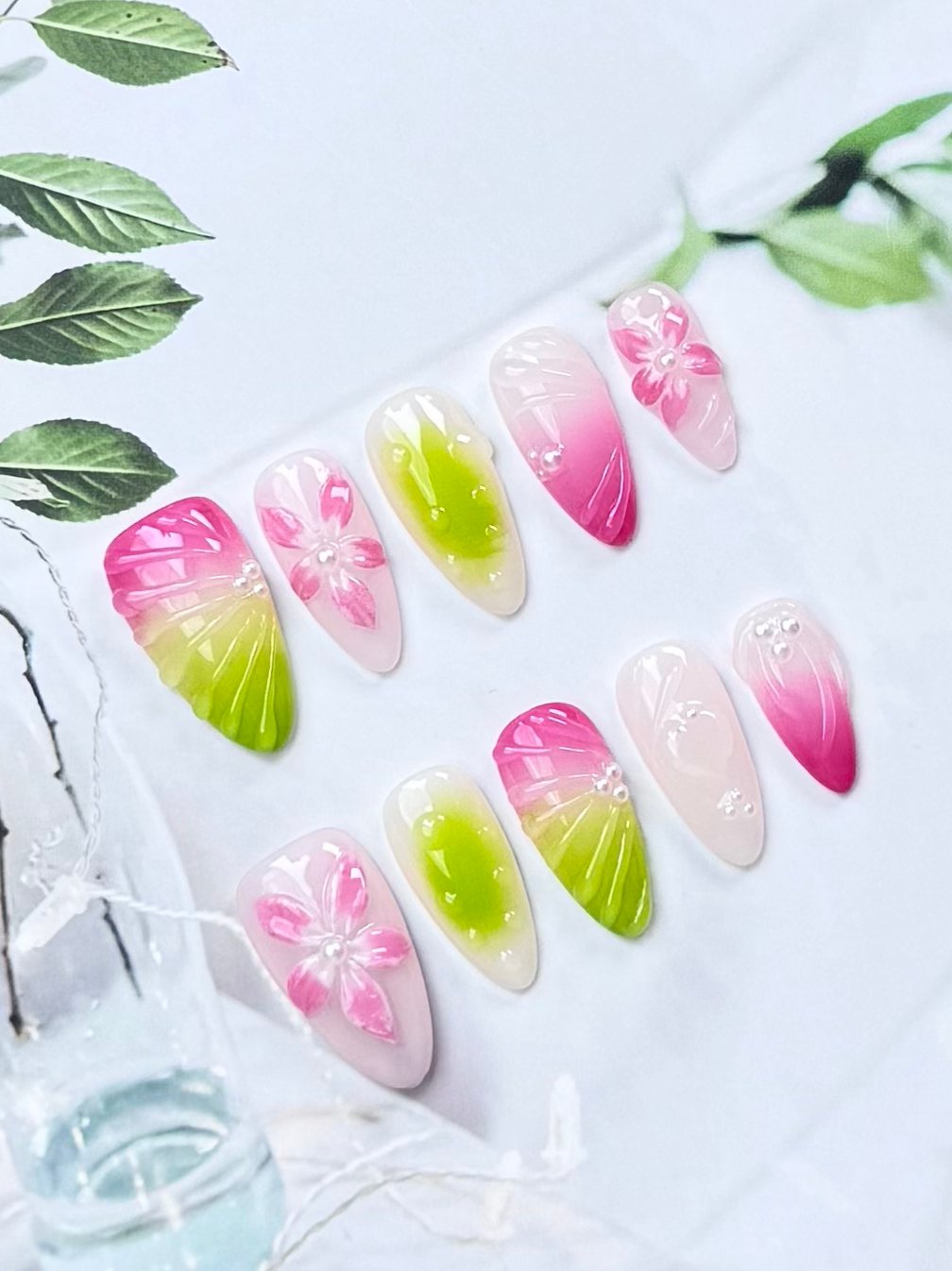 Pink Lime Blossom Press-On Nails | Pink & Green Ombre Almond False Nails | Pearl Floral Spring Manicure