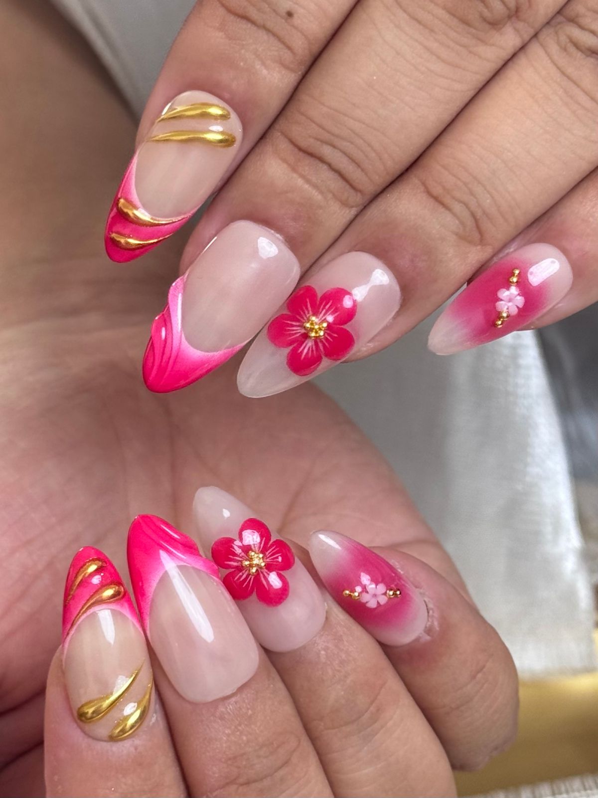 Pink Blossom French Tip Press-On Nails | Gold Chrome Floral Almond False Nails | Elegant Luxury Manicure