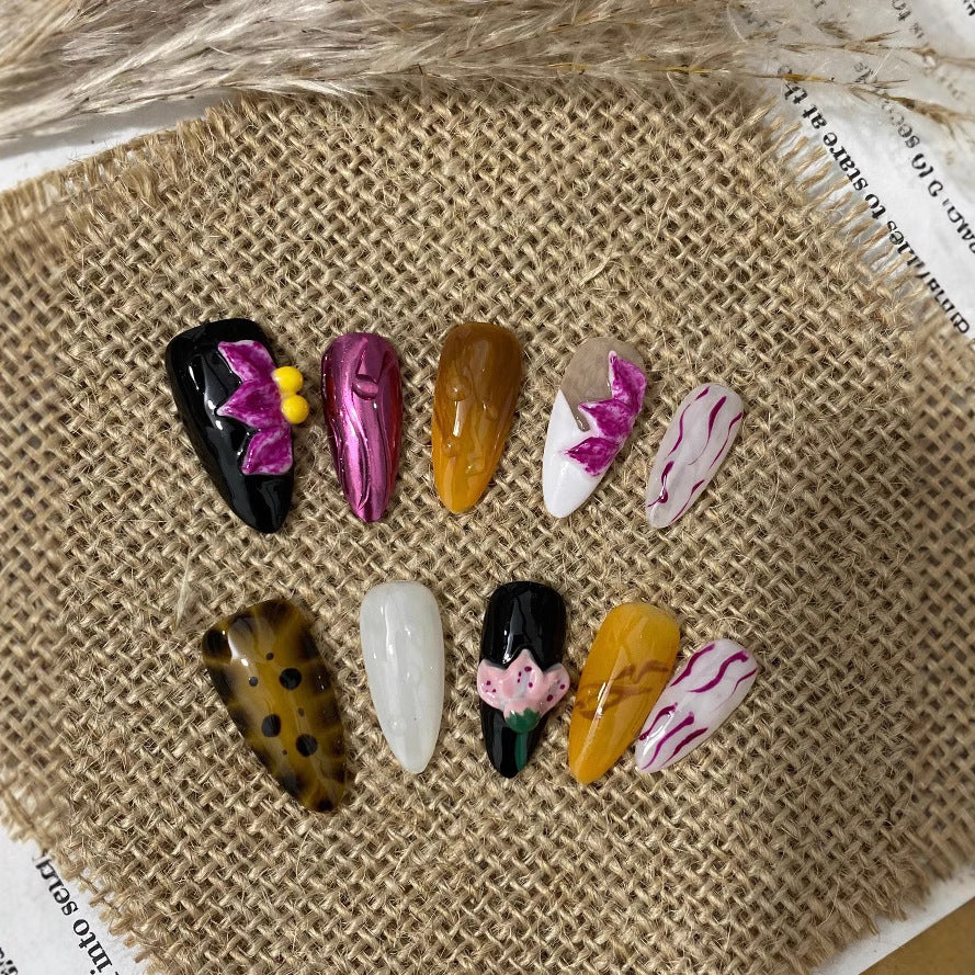 Handmade Mixed Design Press On Nails  3D Floral Art, Abstract Lines & Animal Print Bold Custom Nail Set