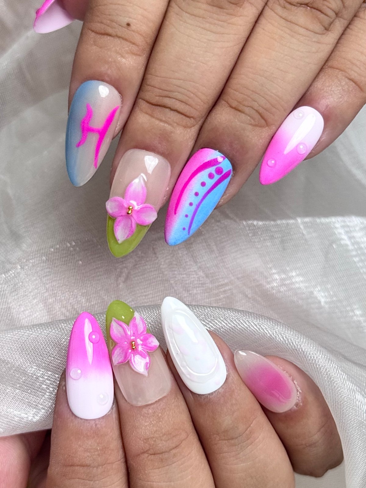 Pink & Blue Blossom Press-On Nails | Floral Pink Ombre Almond False Nails | Barbie-Inspired Spring Manicure
