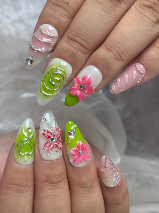 Lime Blossom Butterfly Press-On Nails | Pink Flower Green Ombre Almond False Nails | 3D Spring Garden Manicure
