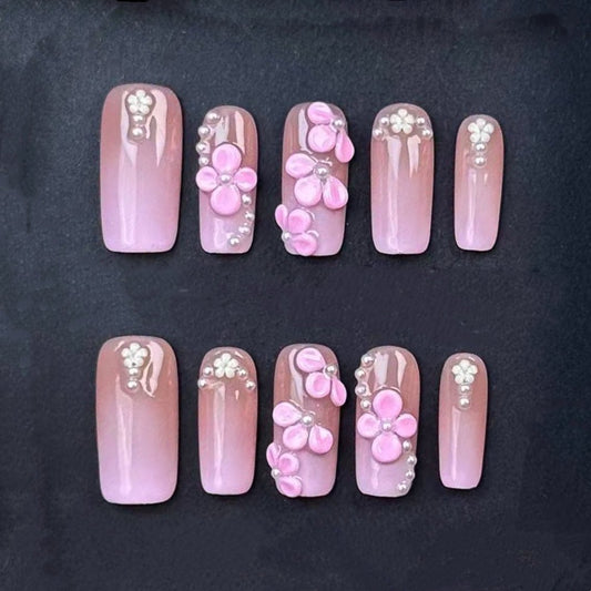 Elegant Pink Ombre Press On Nails with 3D Blossoms and Pearls – Handmade Floral False Nails for Special Occasions or Everyday Beauty