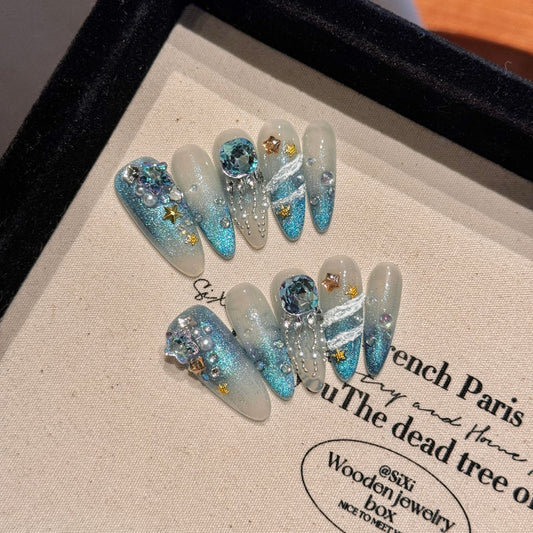 Blue Ombre Rhinestone Press On Nails  Sparkly Glitter Gradient Nail Set  Handmade Glam Long Stiletto False Nails