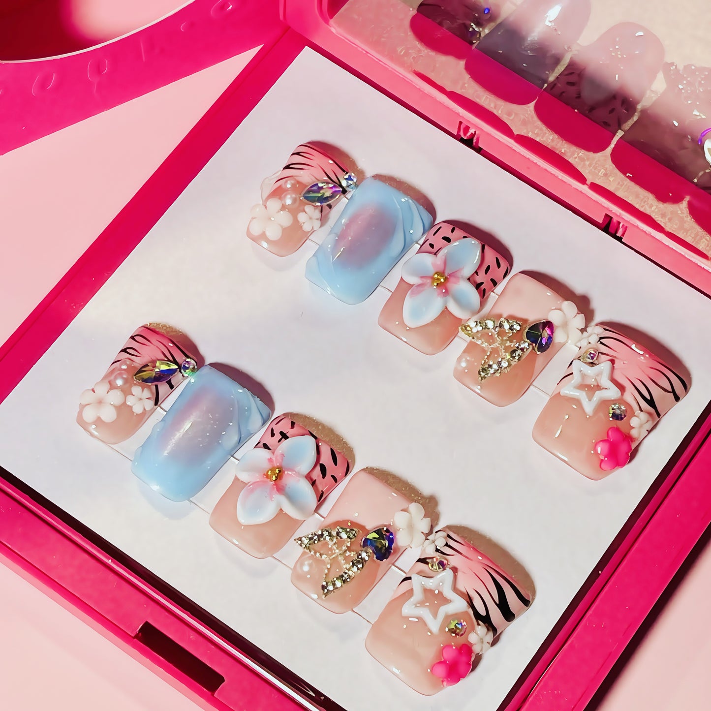 Pastel Blue & Pink Floral Press On Nails | 3D Flower Kawaii Nail Set | Crystal Rhinestone Cute Nails | Handmade Luxury Press Ons