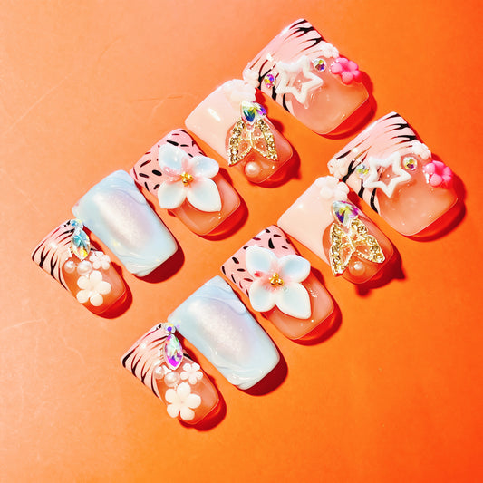 Pastel Blue & Pink Floral Press On Nails | 3D Flower Kawaii Nail Set | Crystal Rhinestone Cute Nails | Handmade Luxury Press Ons