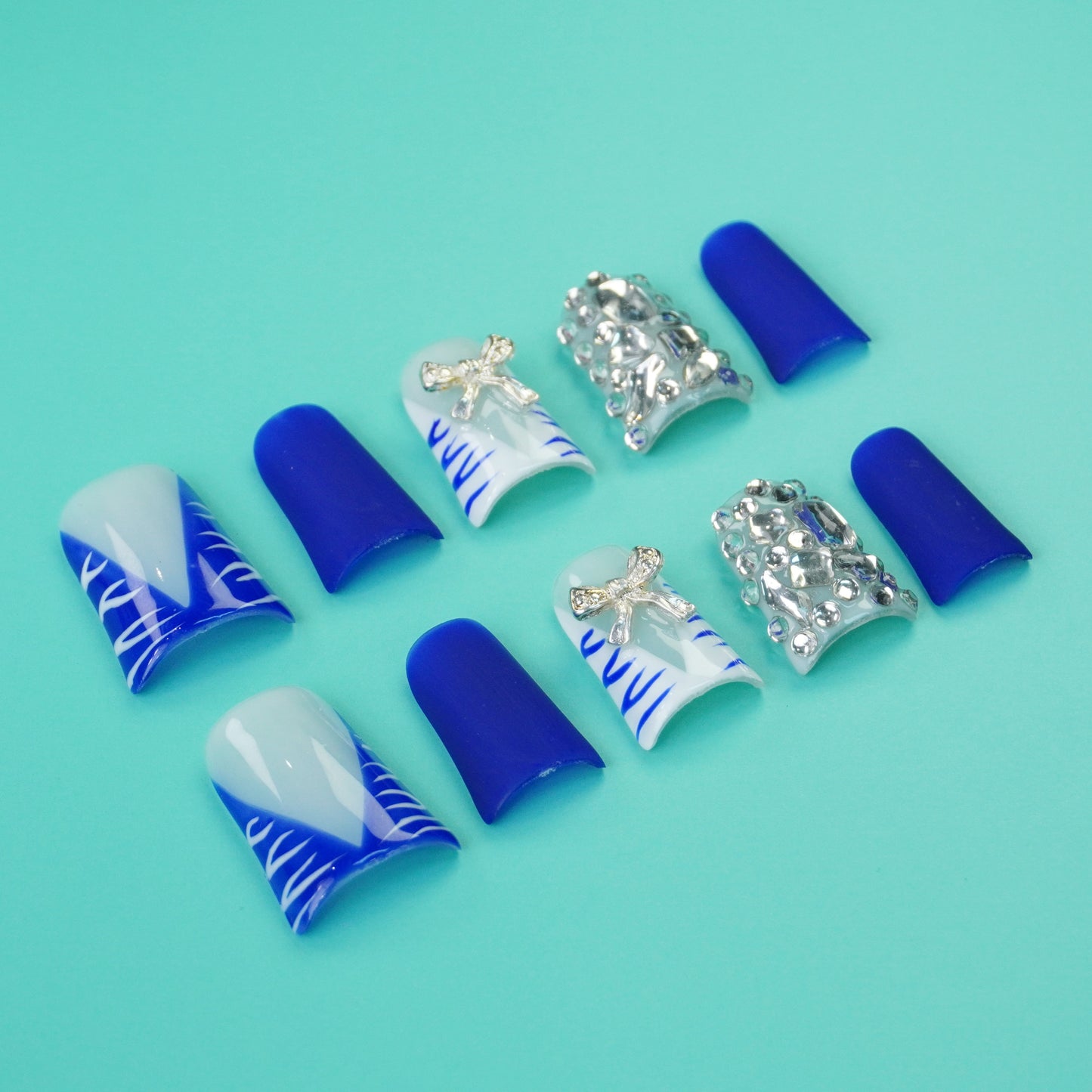 Royal Blue & Silver Rhinestone Press On Nails | Elegant Winter Glam Nail Set | Luxury Handmade Matte & Shimmer Nails | Short Square Nails