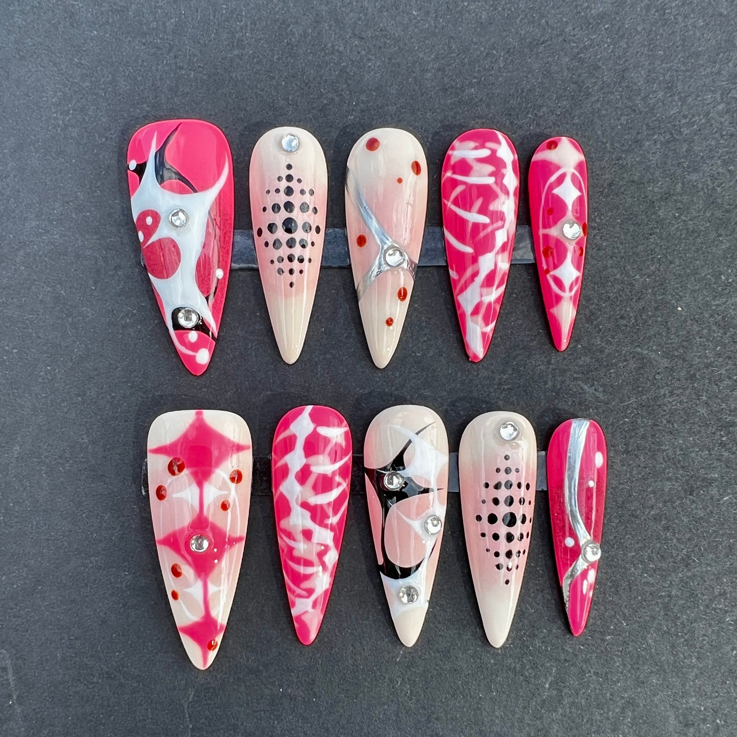 Hot Pink Abstract Press-On Nails | Nude Pink Modern Art Nails | Silver Chrome Accent | Rhinestone Luxury Nails | Handmade Reusable False Nails