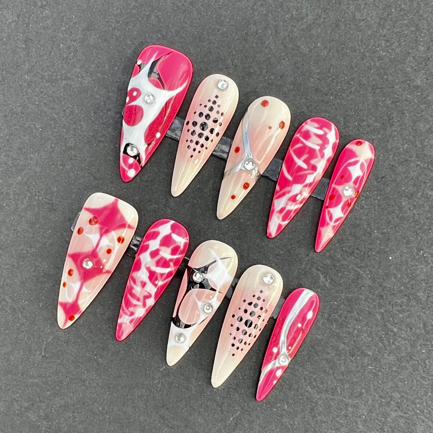 Hot Pink Abstract Press-On Nails | Nude Pink Modern Art Nails | Silver Chrome Accent | Rhinestone Luxury Nails | Handmade Reusable False Nails