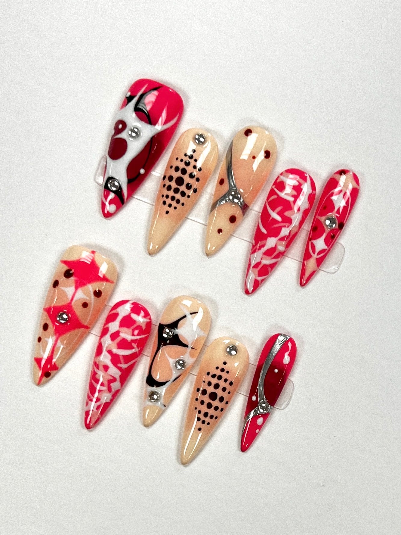 Hot Pink Abstract Press-On Nails | Nude Pink Modern Art Nails | Silver Chrome Accent | Rhinestone Luxury Nails | Handmade Reusable False Nails
