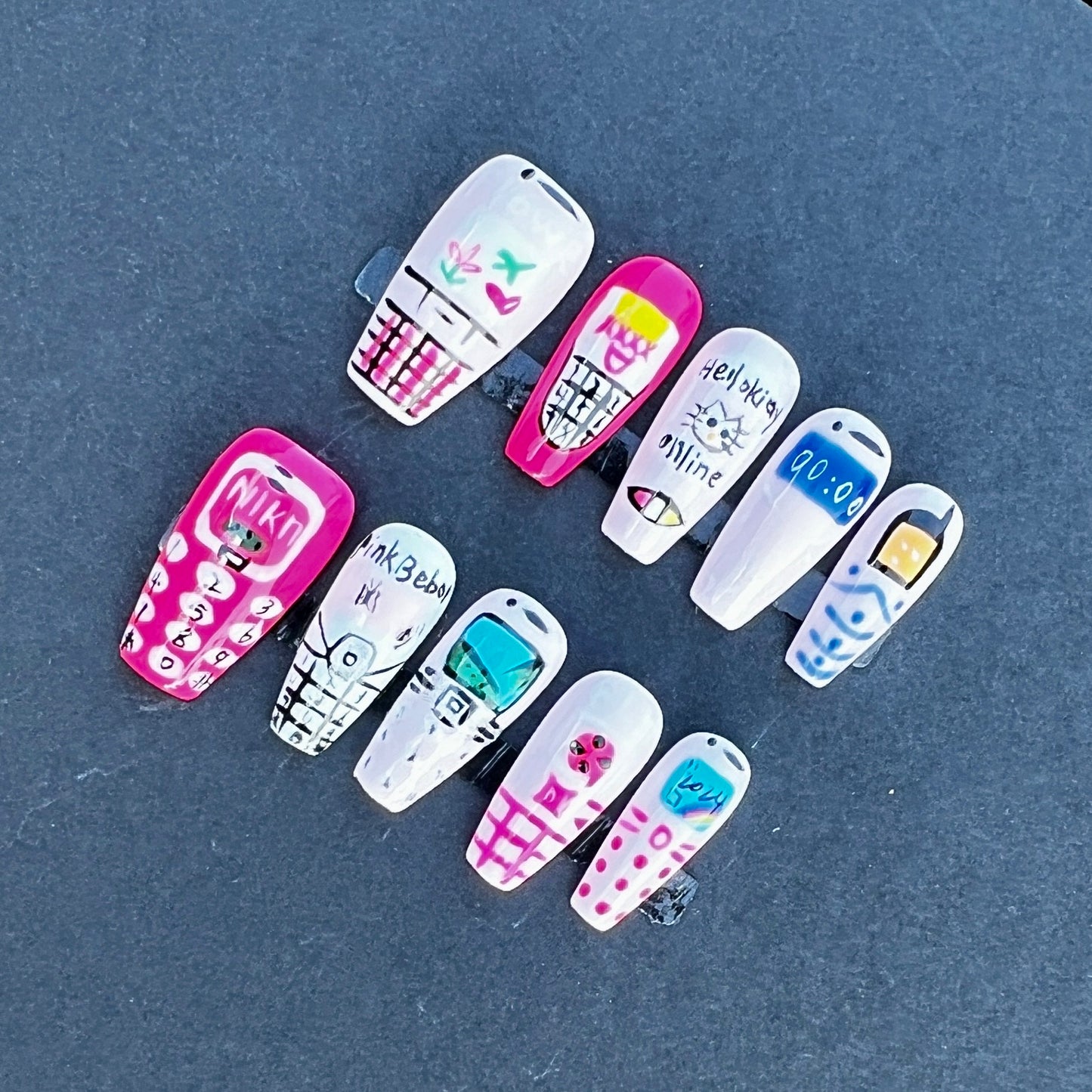 Retro Cellphone Press On Nails – Hand Painted 90s Y2K Flip Phone Design Nails Cute Quirky Kawaii Nail Art Set