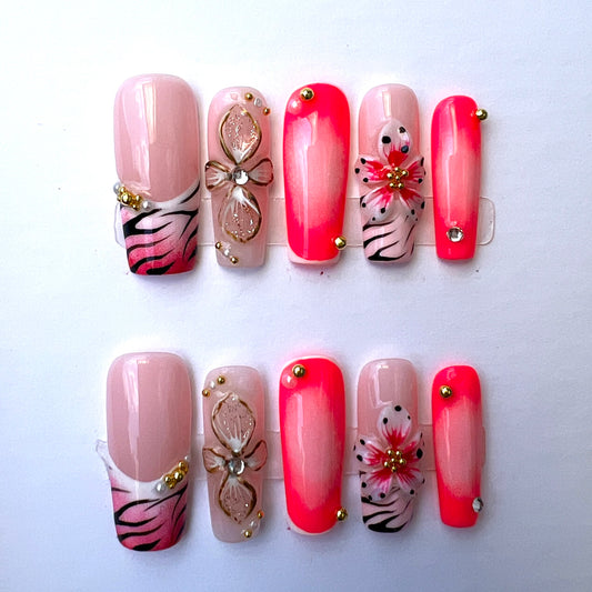 Pink Floral Zebra Print Press On Nails – 3D Flower Rhinestone Ombre Nails Bold Animal Print Glam Nail Set
