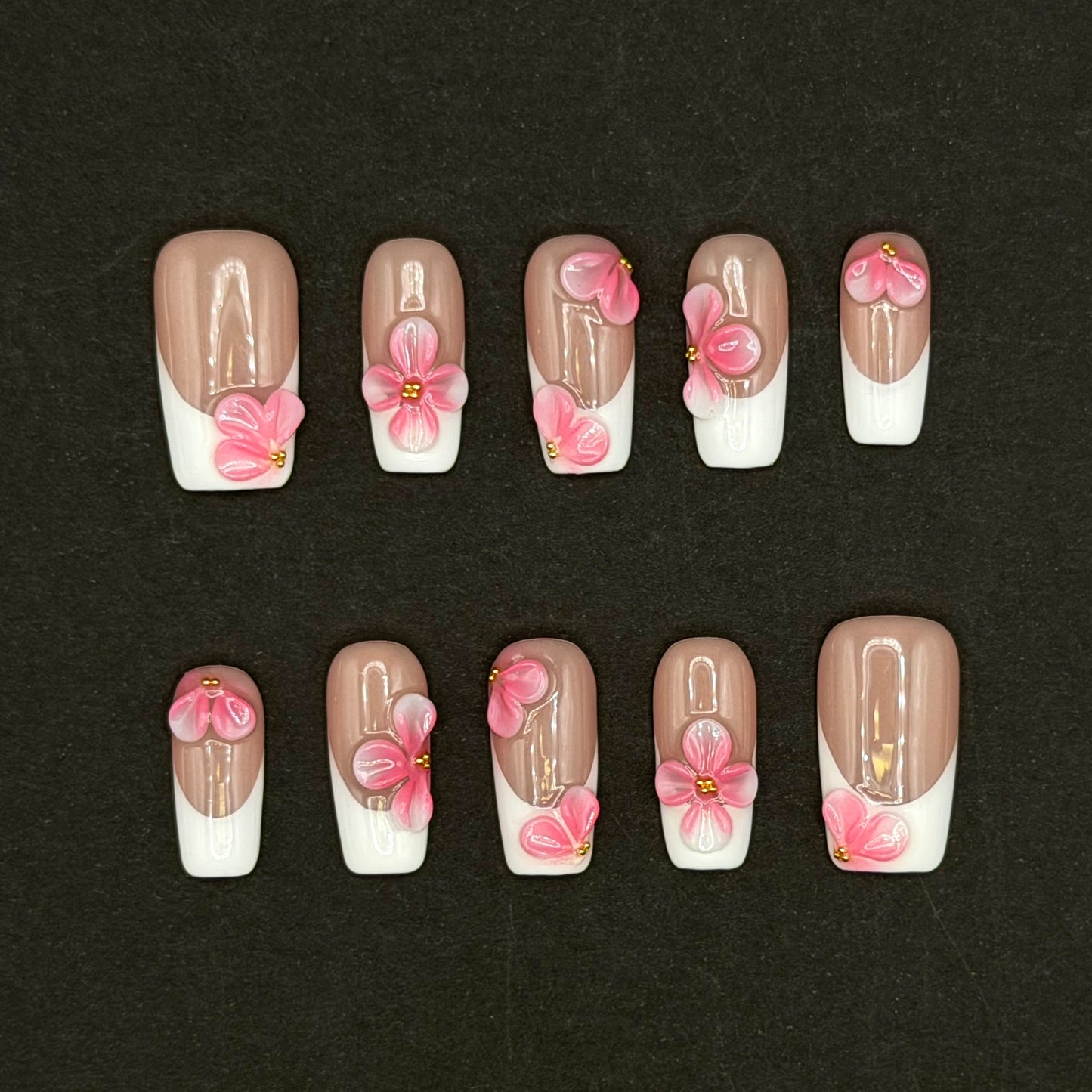 Pink Blossom White French Tip Press-On Nails | 3D Floral Square Nails