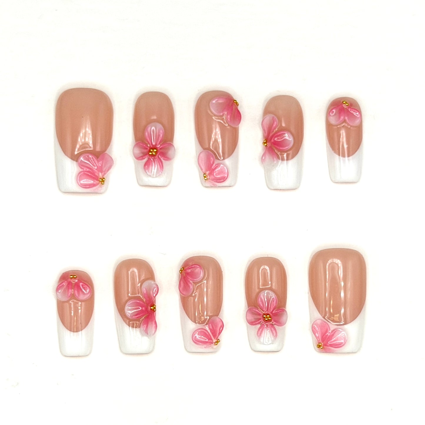 Pink Blossom White French Tip Press-On Nails | 3D Floral Square Nails