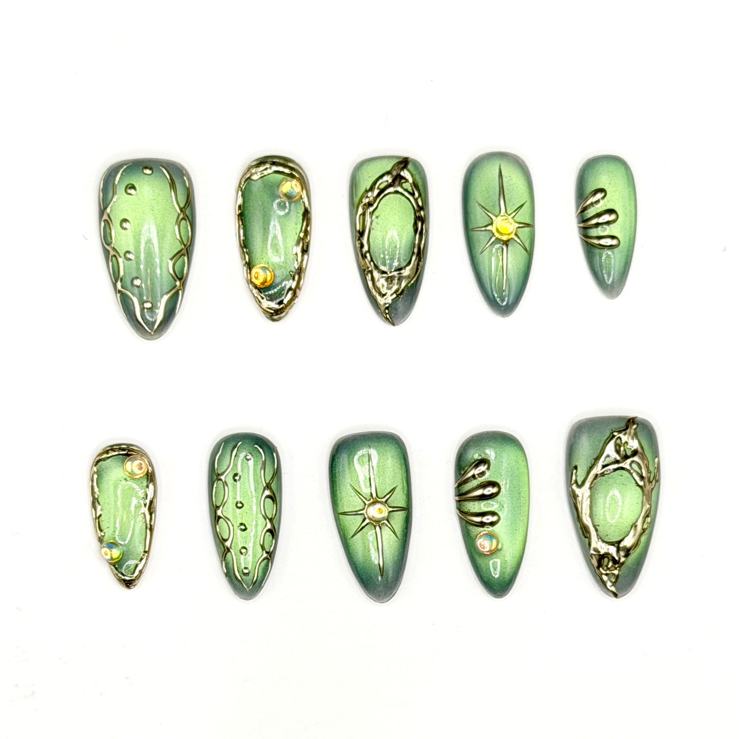 Sage Chrome Aura Press-On Nails | Metallic Green 3D Abstract Nails