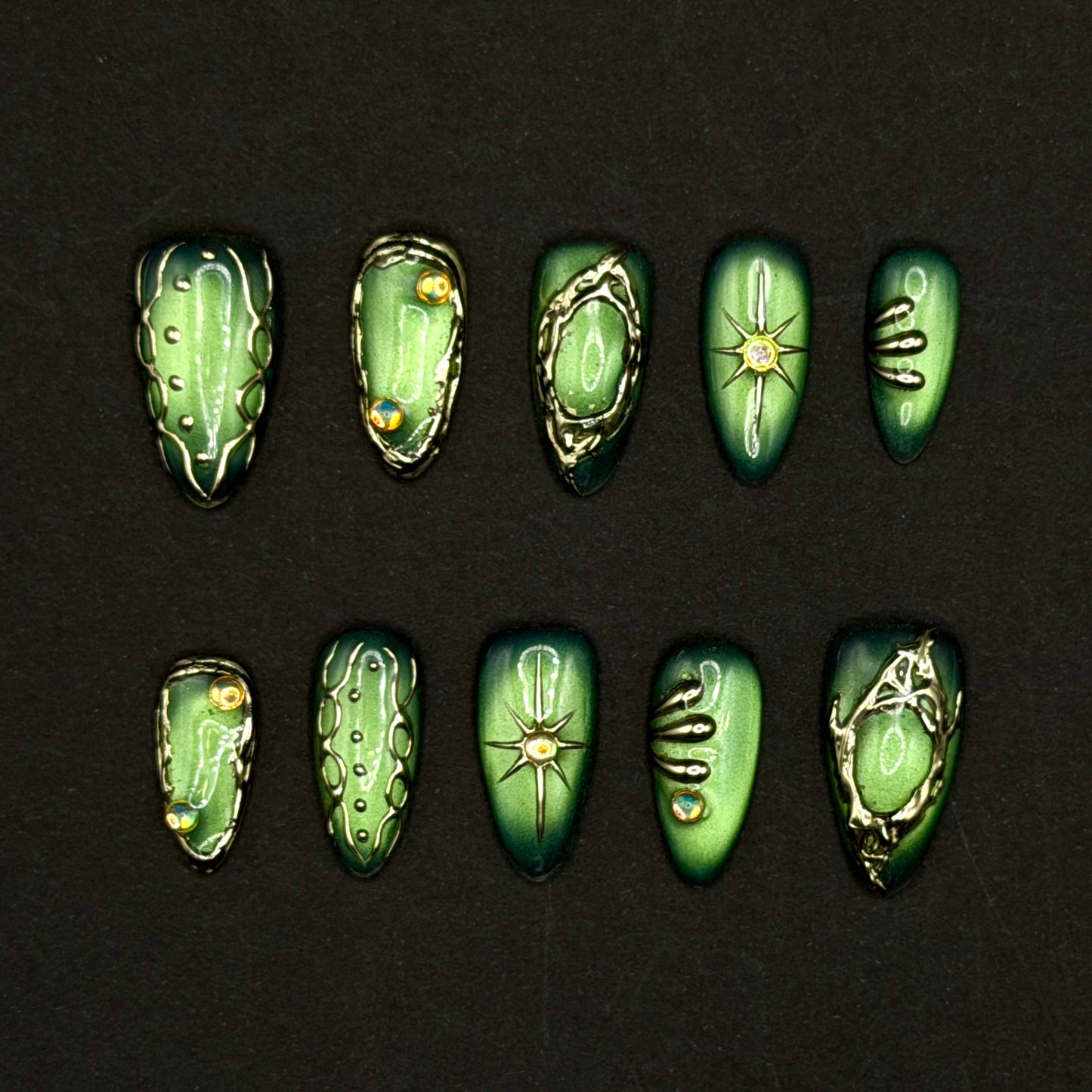 Sage Chrome Aura Press-On Nails | Metallic Green 3D Abstract Nails