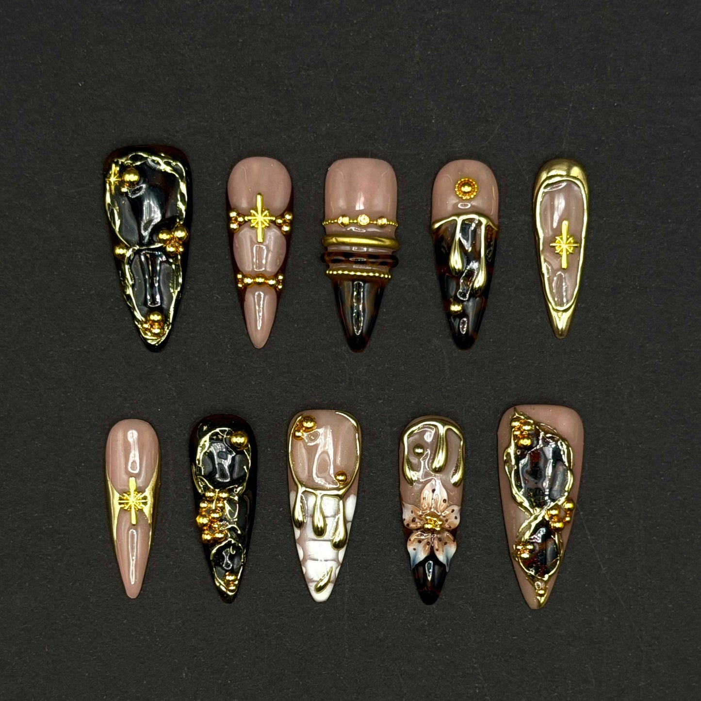 Midnight Luxe Black & Gold 3D Press-On Nails | Jeweled Stiletto Nails