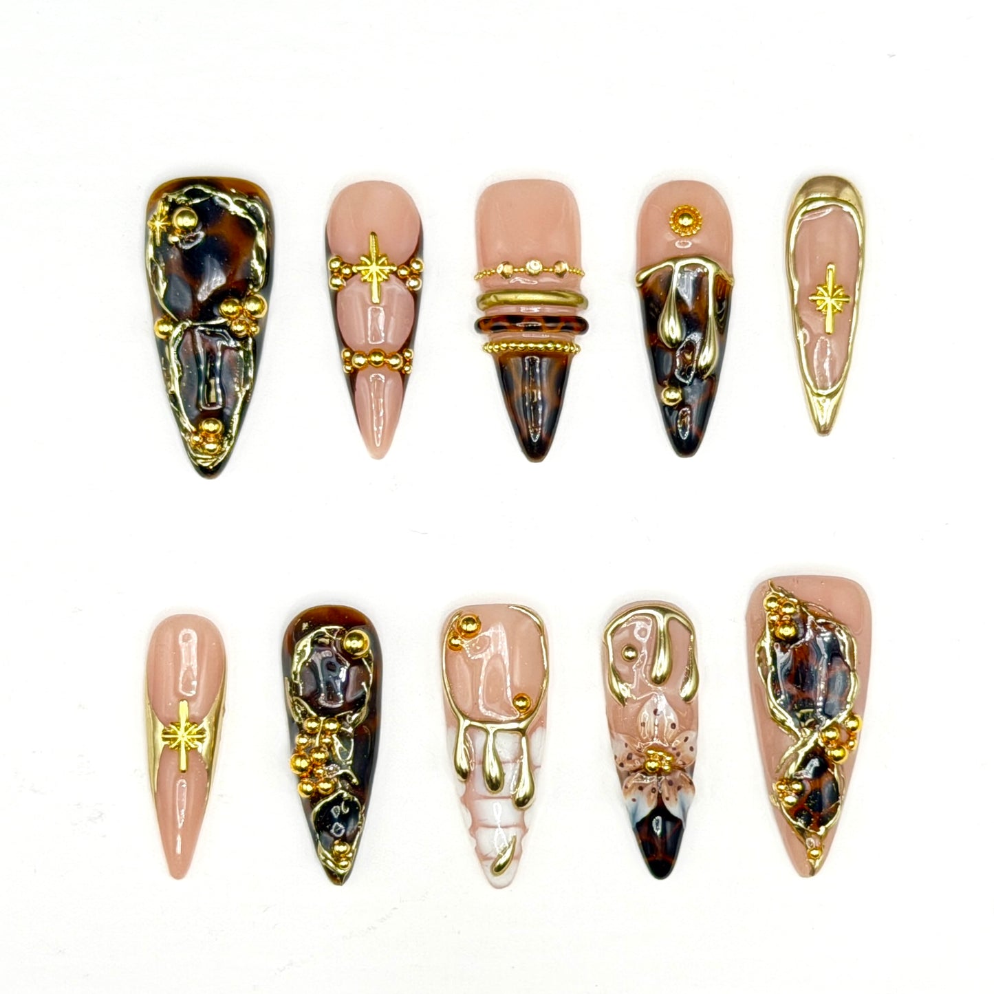 Midnight Luxe Black & Gold 3D Press-On Nails | Jeweled Stiletto Nails