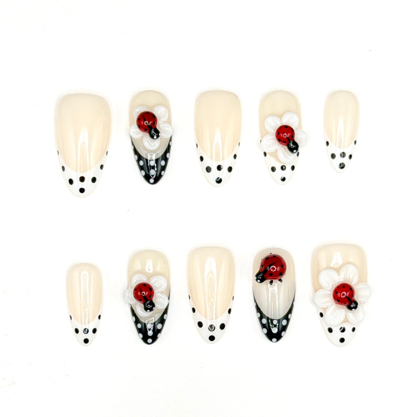 Lucky Ladybug 3D Flower Press-On Nails | Black & White Polka Dot Nails
