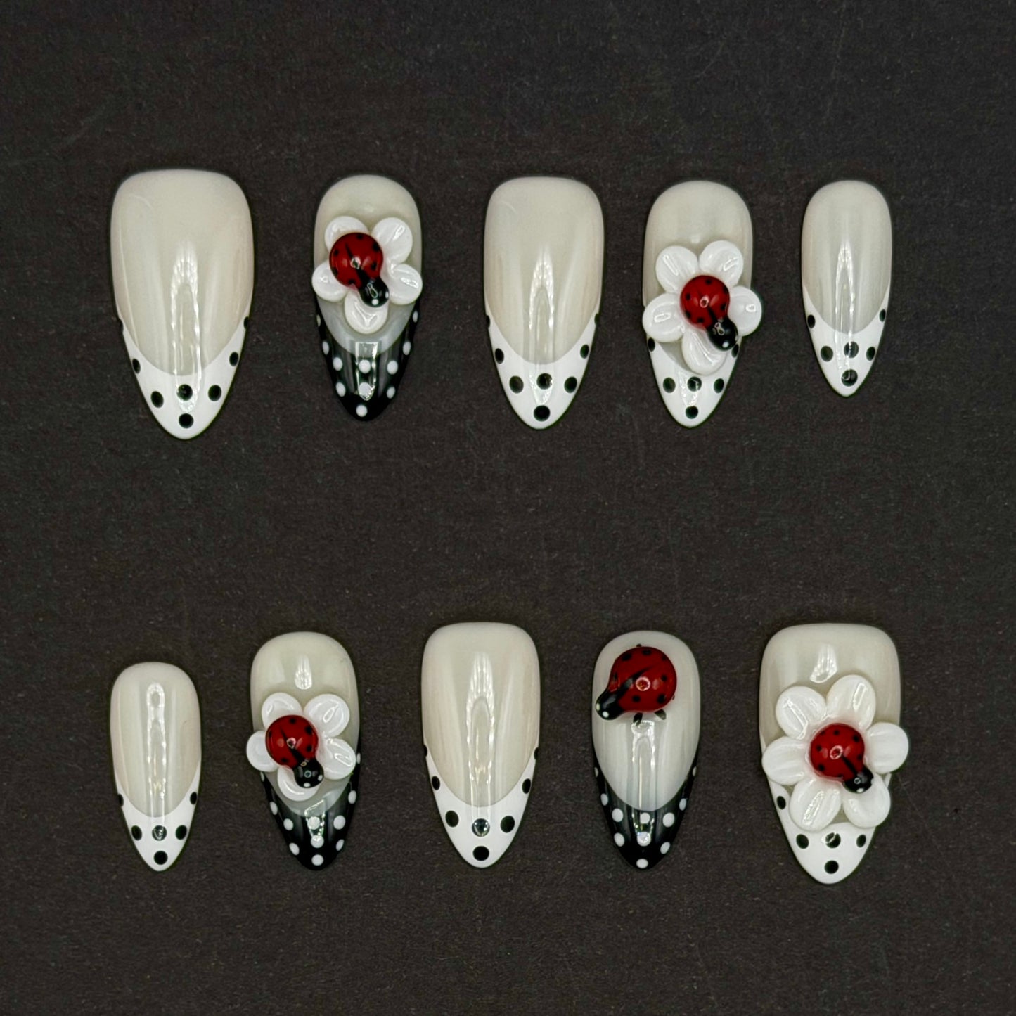 Lucky Ladybug 3D Flower Press-On Nails | Black & White Polka Dot Nails