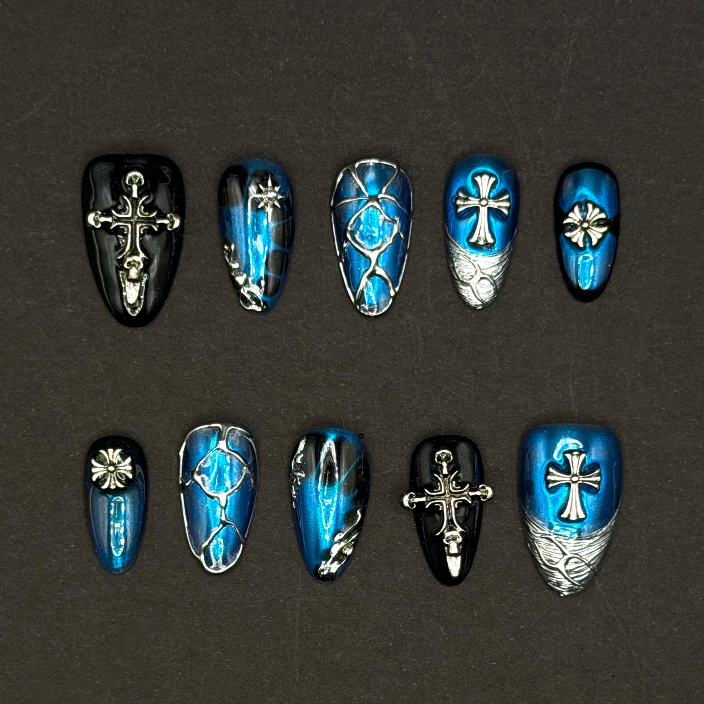 Midnight Sapphire Gothic Cross Press-On Nails | Blue Chrome 3D Nails