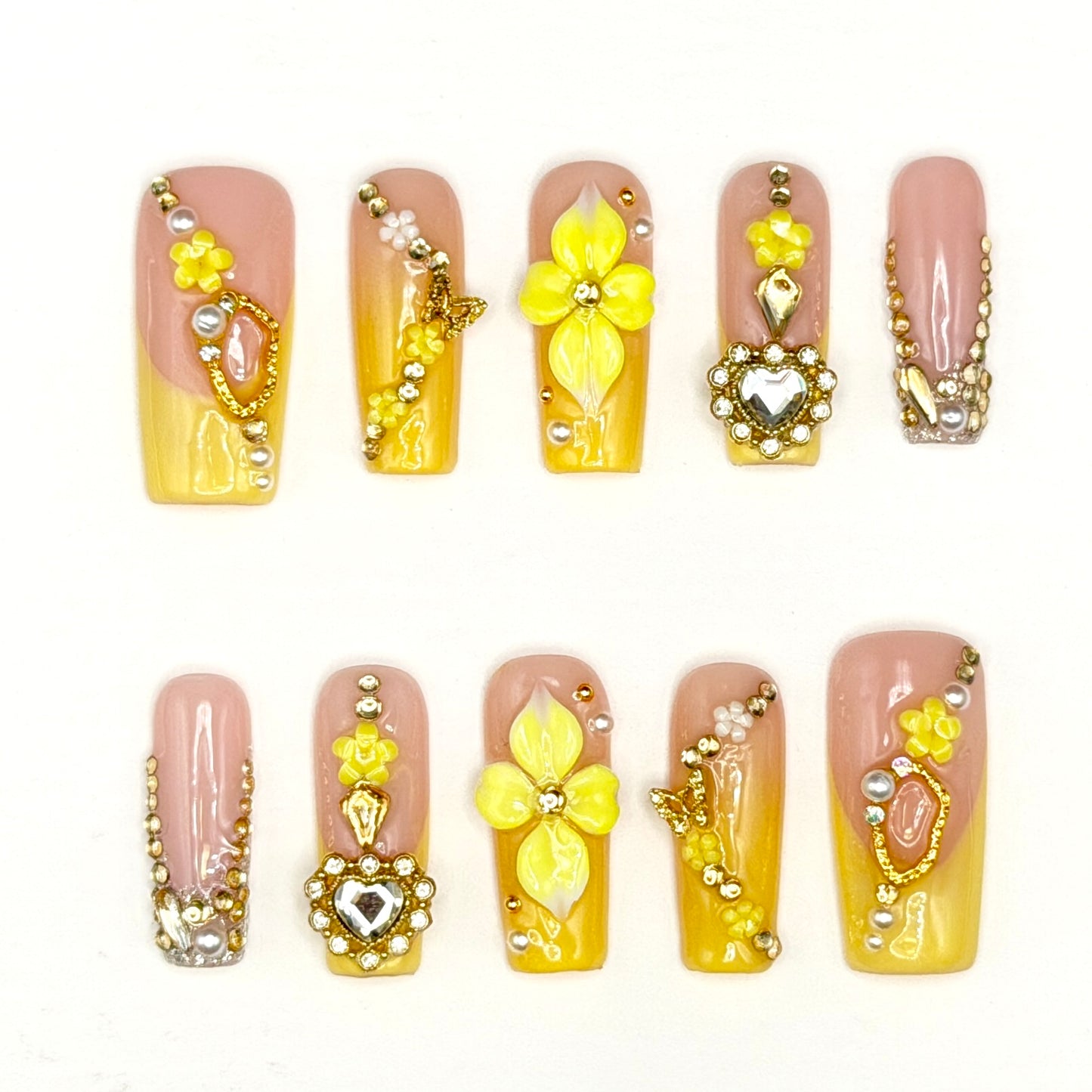 Lemon Blossom 3D Floral Jeweled Press-On Nails | Yellow French Tips