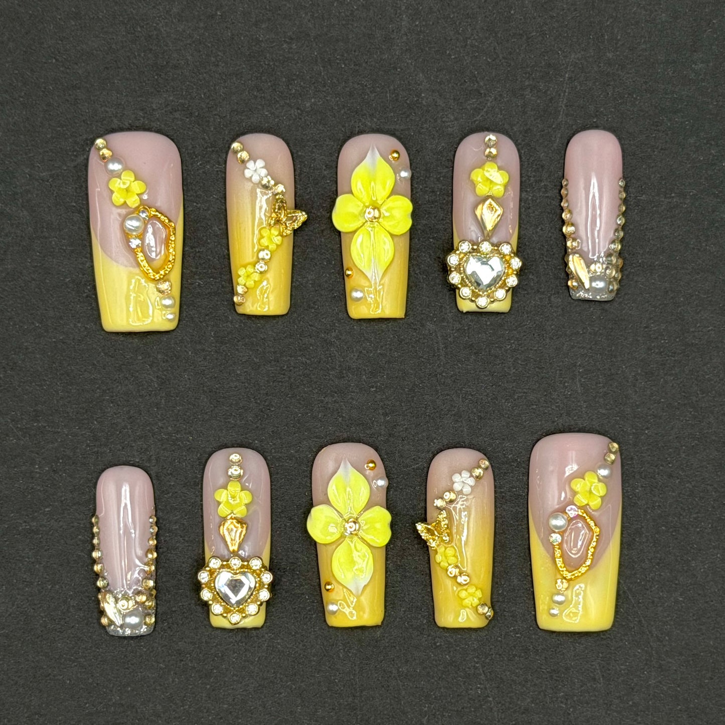 Lemon Blossom 3D Floral Jeweled Press-On Nails | Yellow French Tips