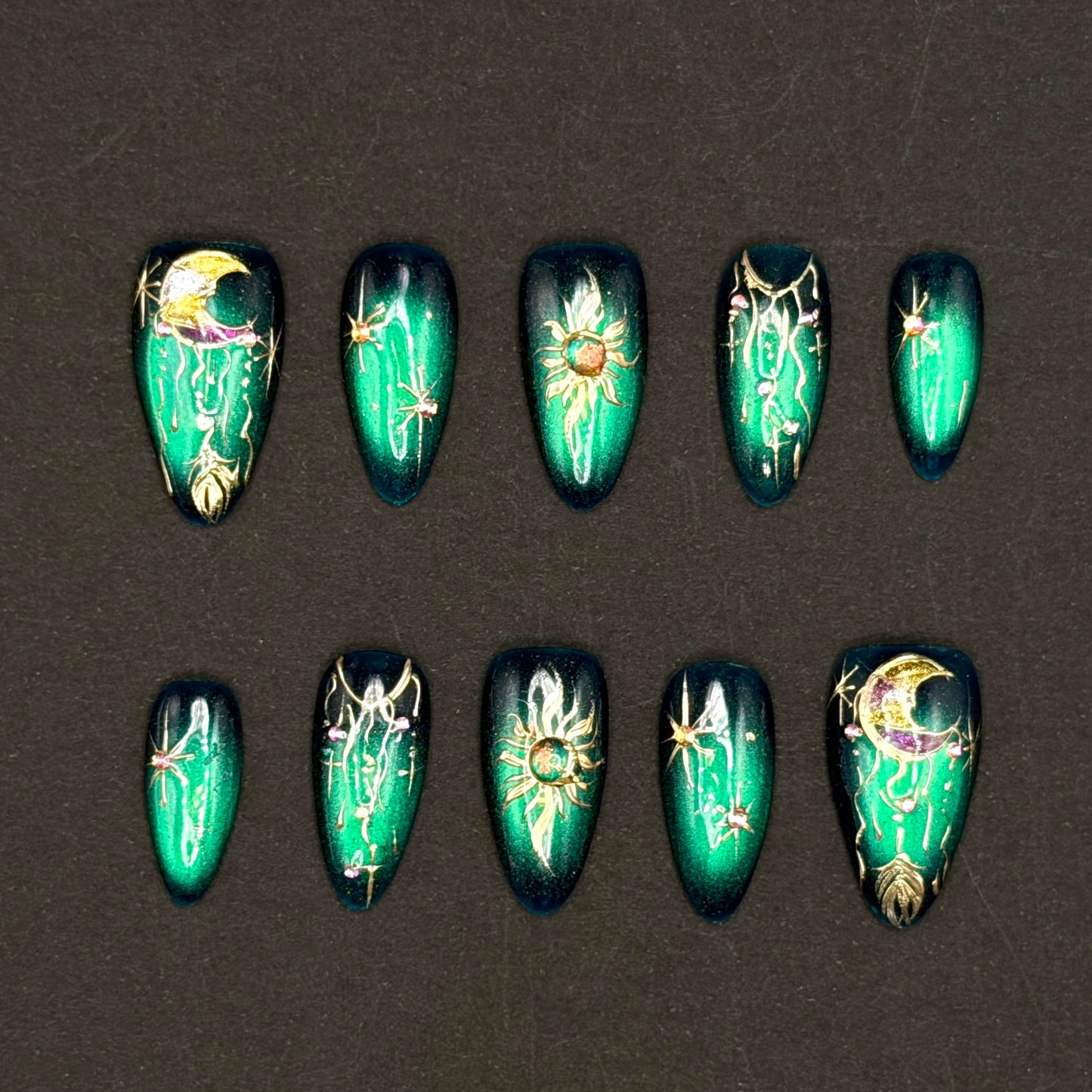 Emerald Galaxy Celestial Press-On Nails | Sun Moon & Star Nails