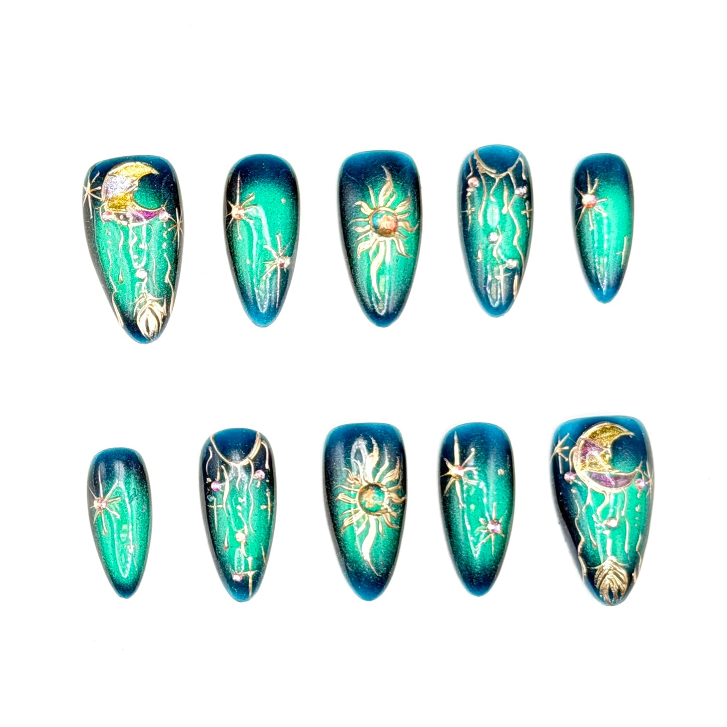 Emerald Galaxy Celestial Press-On Nails | Sun Moon & Star Nails
