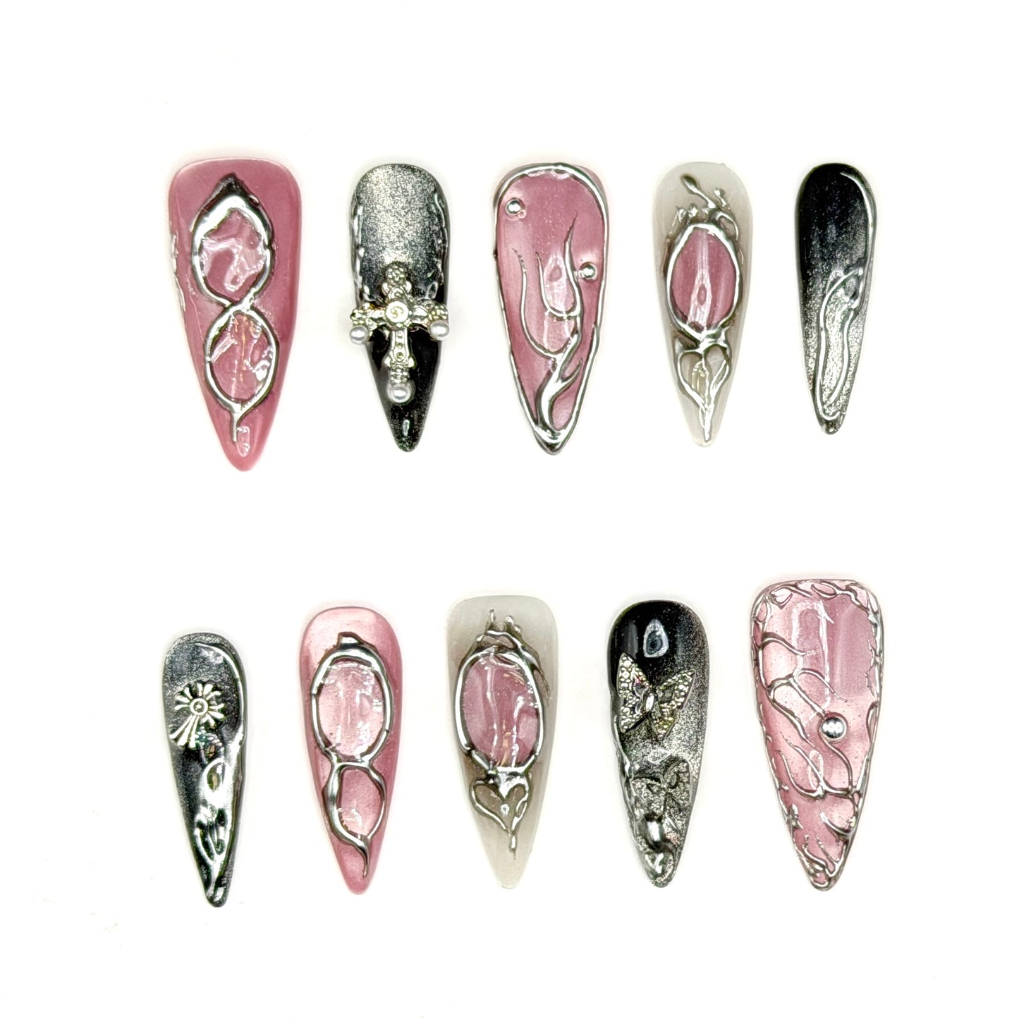 Midnight Butterfly Black & Silver 3D Press-On Nails | Gothic Stiletto Nails