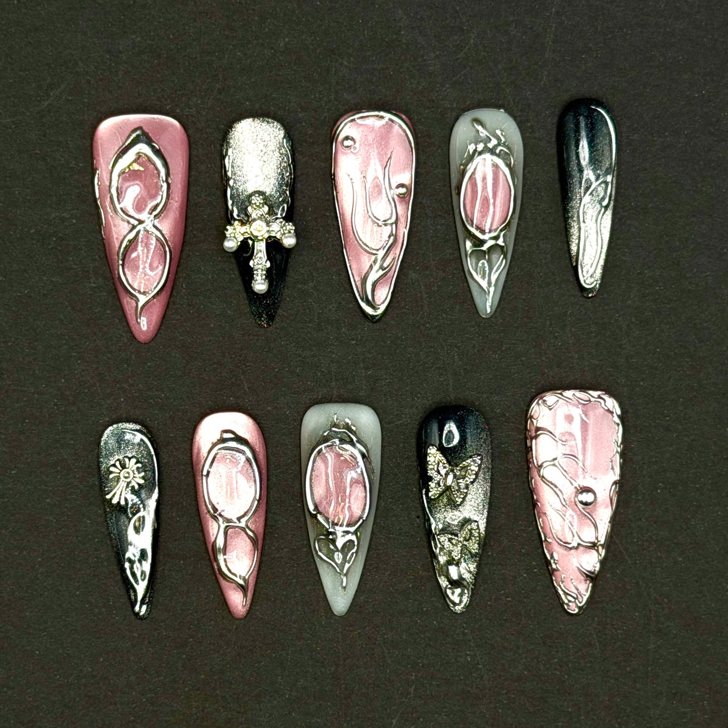 Midnight Butterfly Black & Silver 3D Press-On Nails | Gothic Stiletto Nails
