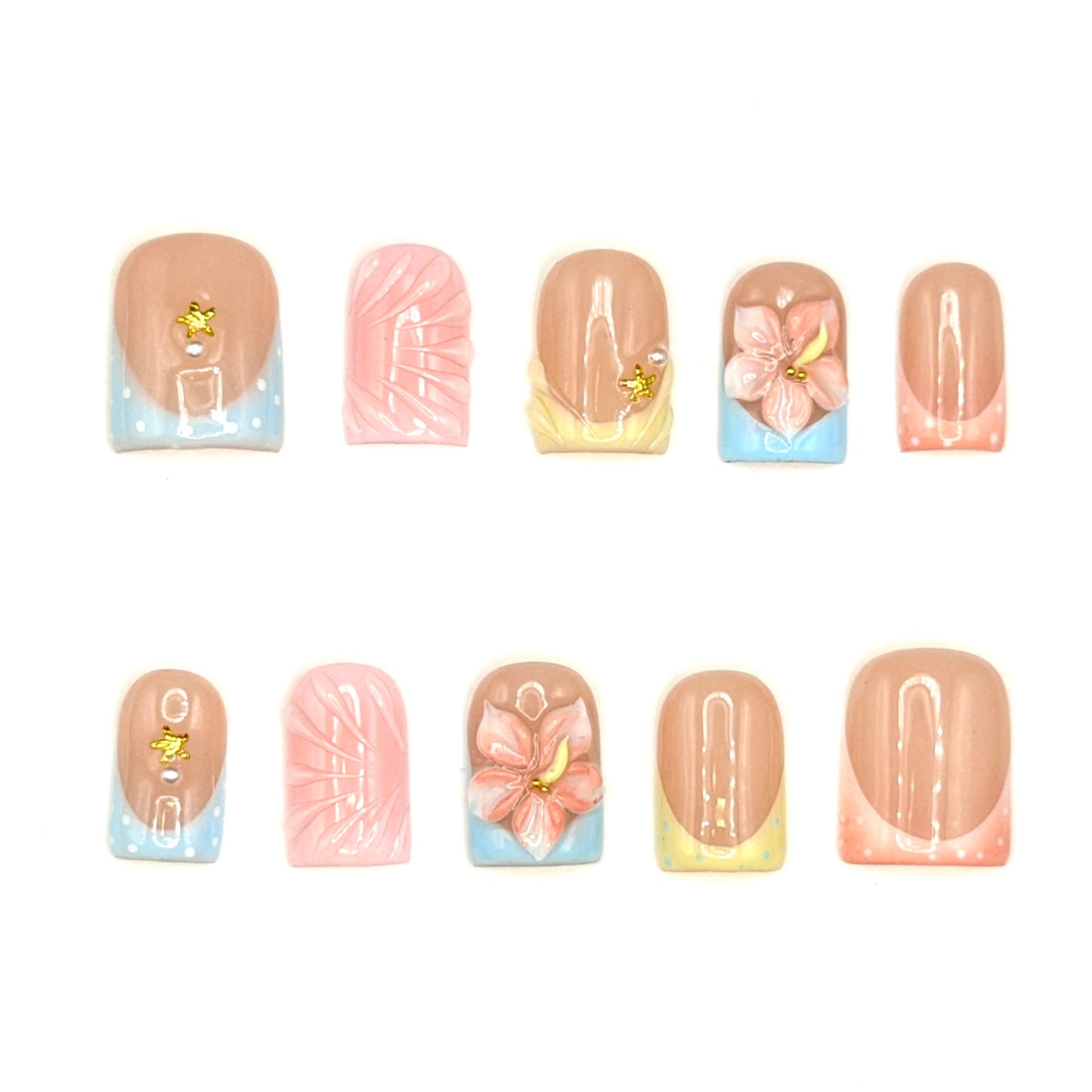 Pastel Paradise 3D Floral French Tip Press-On Nails | Pink Blue & Yellow Square Nails