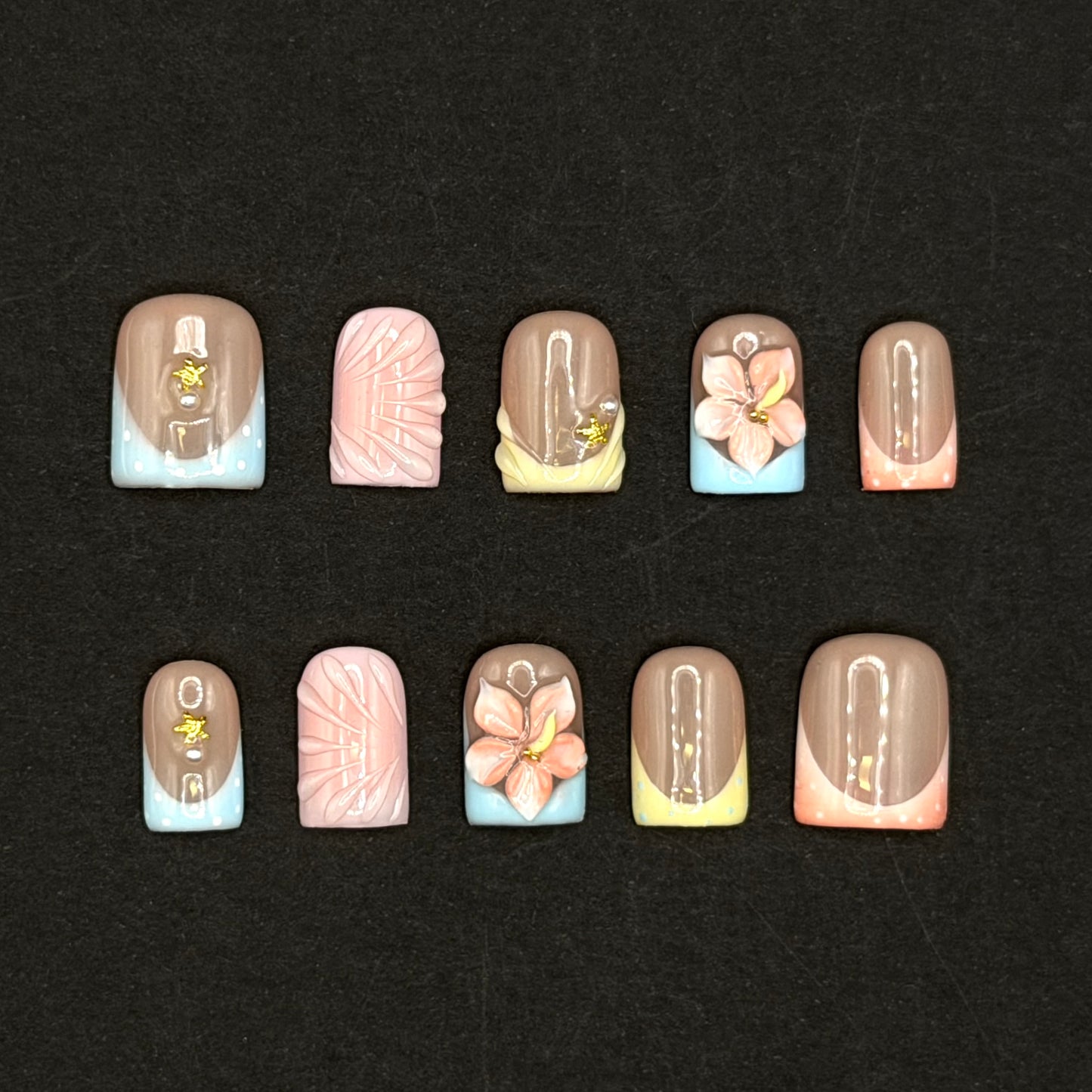 Pastel Paradise 3D Floral French Tip Press-On Nails | Pink Blue & Yellow Square Nails