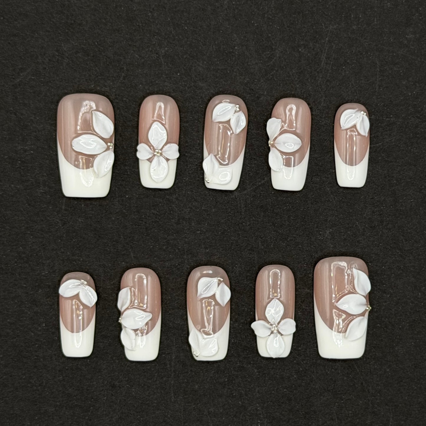 White Butterfly French Tip Press-On Nails | 3D Bridal Square Nails