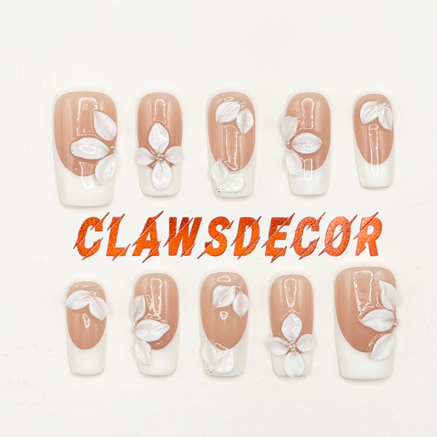 White Butterfly French Tip Press-On Nails | 3D Bridal Square Nails