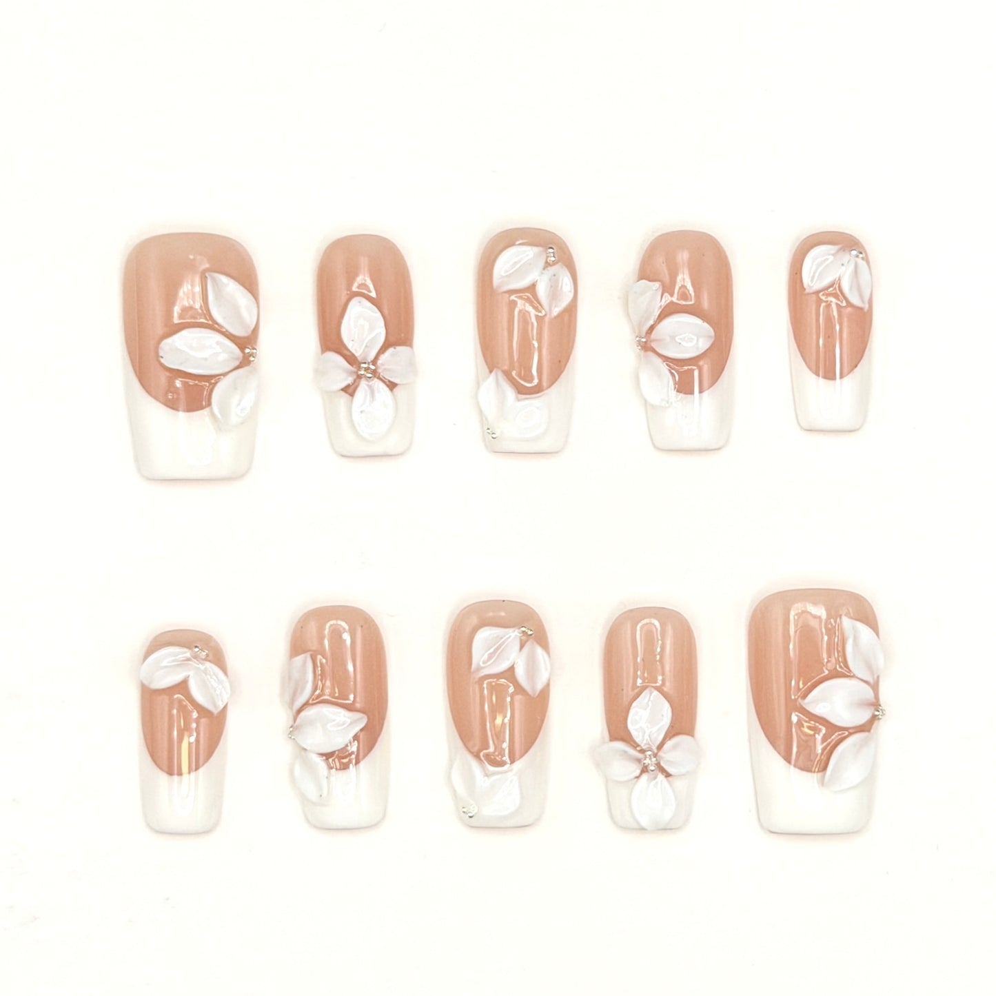 White Butterfly French Tip Press-On Nails | 3D Bridal Square Nails
