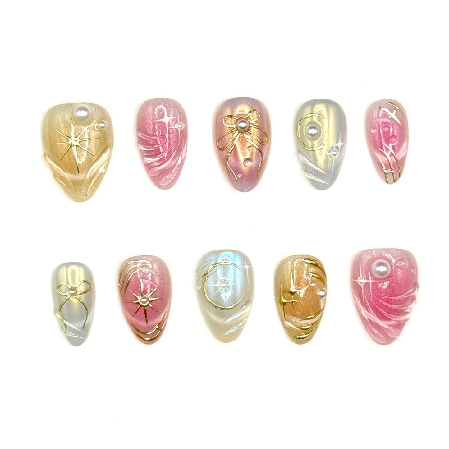 Pearl Moonlight Pink Celestial Press-On Nails | Gold Bow & Star Nails