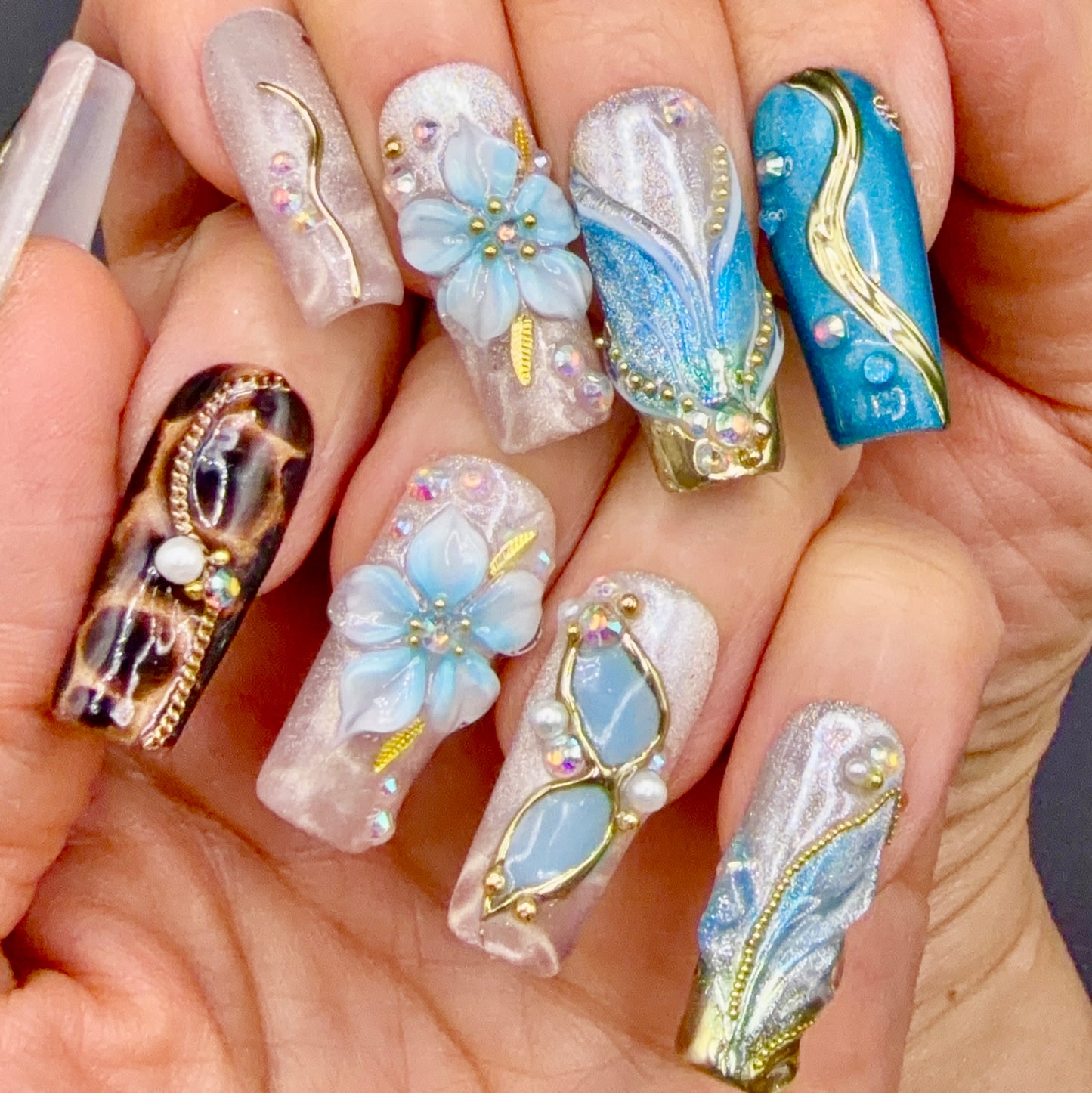 Turquoise Tortoise Press-On Nails | Blue Floral Nails | Gold Accent Nails | Luxury Tortoiseshell Nail Set | Handmade Reusable Square Nails
