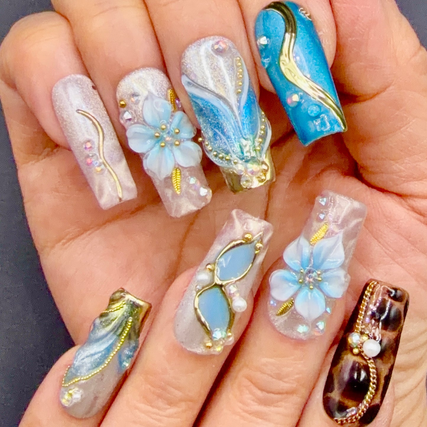 Turquoise Tortoise Press-On Nails | Blue Floral Nails | Gold Accent Nails | Luxury Tortoiseshell Nail Set | Handmade Reusable Square Nails