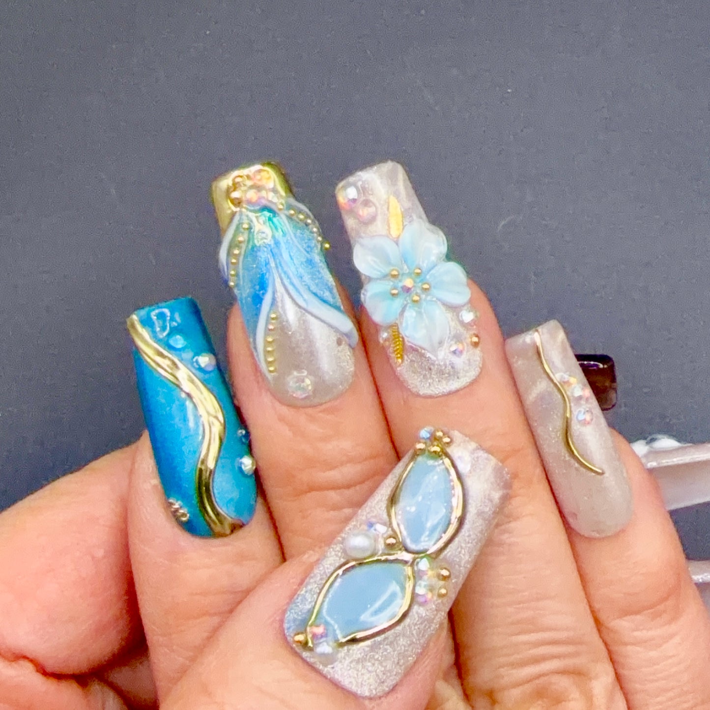 Turquoise Tortoise Press-On Nails | Blue Floral Nails | Gold Accent Nails | Luxury Tortoiseshell Nail Set | Handmade Reusable Square Nails
